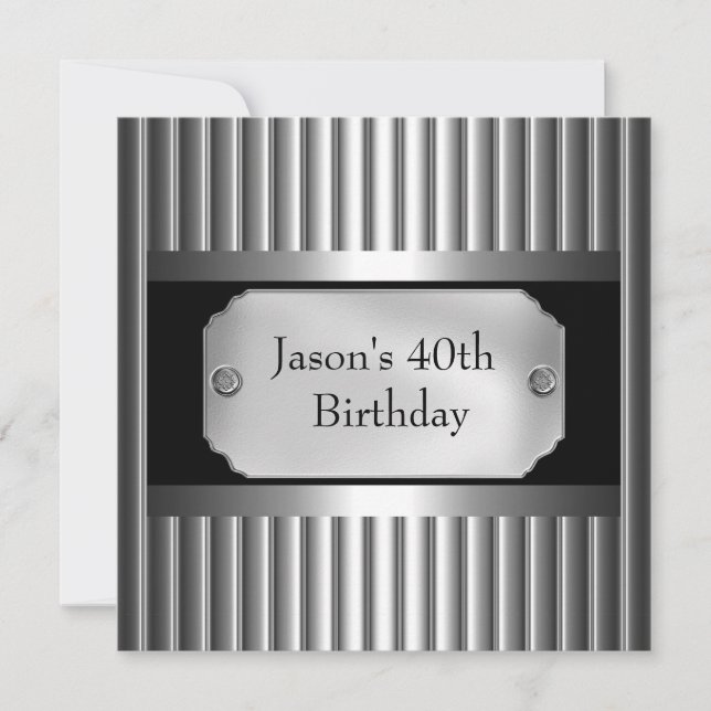 Invitación Metalizado cromado Negro Estilo Blanco Plata Mens  (Anverso)