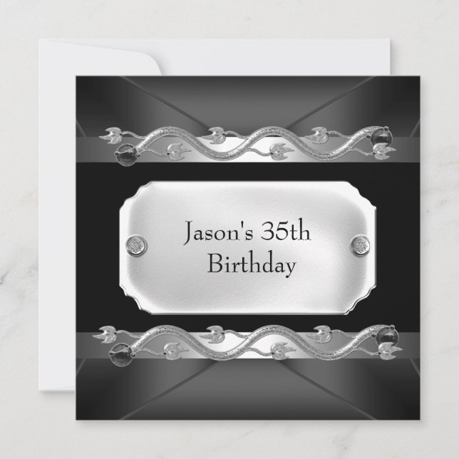 Invitación Metalizado cromado negro plateado Mens 35 cumpleañ (Anverso)