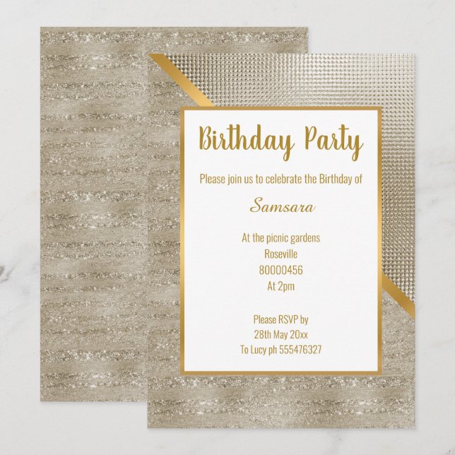 INVITACIÓN METALLIC BRONZE GOLD EMBOSS PURPURINA CUMPLEAÑOS (Anverso / Reverso)