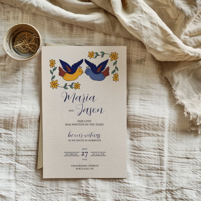Invitación Mexican Birds Floral Blue Yellow Charming Wedding (Mexican Birds Floral Blue Yellow Charming Wedding Invitation)