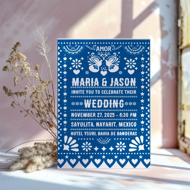 Invitación Mexican Blue Papel Picado Fiesta Folk Art Wedding (Mexican Blue Papel Picado Fiesta Folk Art Wedding Invitation)