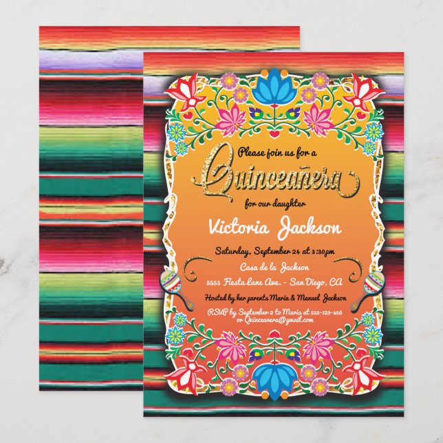 Invitación Mexican Gold Fiesta Quinceañera Inviations (Anverso / Reverso)
