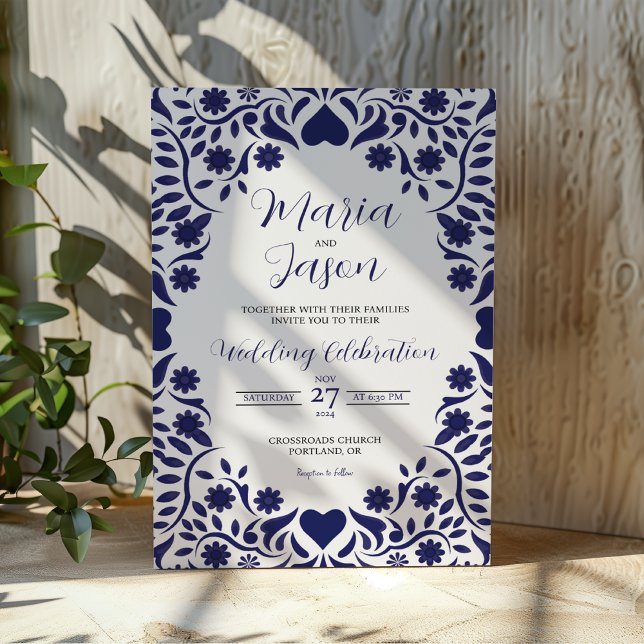 Invitación Mexican Navy Blue Floral Elegant Romantic Wedding (Mexican Navy Blue Floral Elegant Romantic Wedding Invitation)