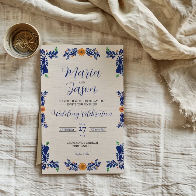 Invitación Mexican Navy Blue Minimalist Floral Classy Wedding (Mexican Navy Blue Minimalist Floral Classy Wedding Invitation)