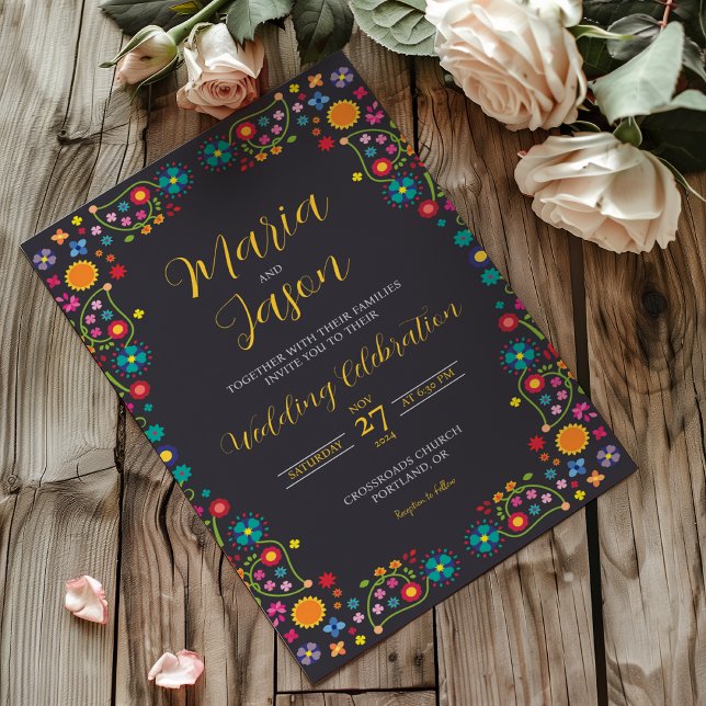 Invitación Mexican Navy Floral Aesthetic Folk Art Wedding (Mexican Navy Floral Aesthetic Folk Art Wedding Invitation)