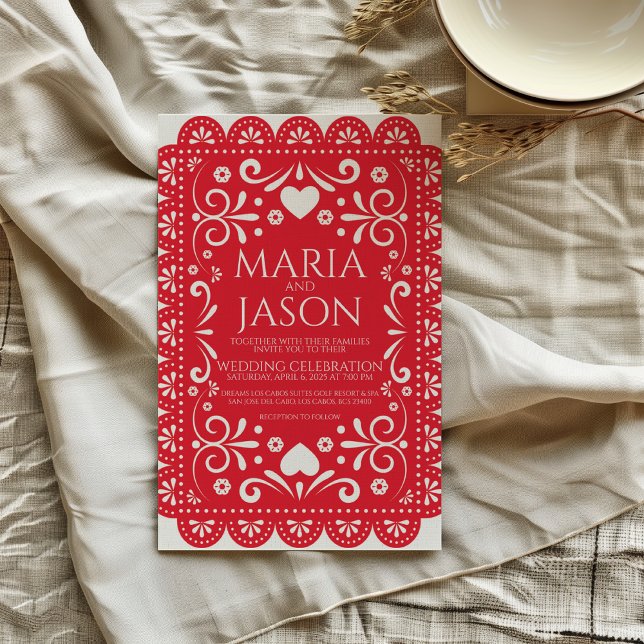 Invitación Mexican Papel Picado Red White Folk Art Wedding (Mexican Papel Picado Red White Folk Art Wedding Invitation)