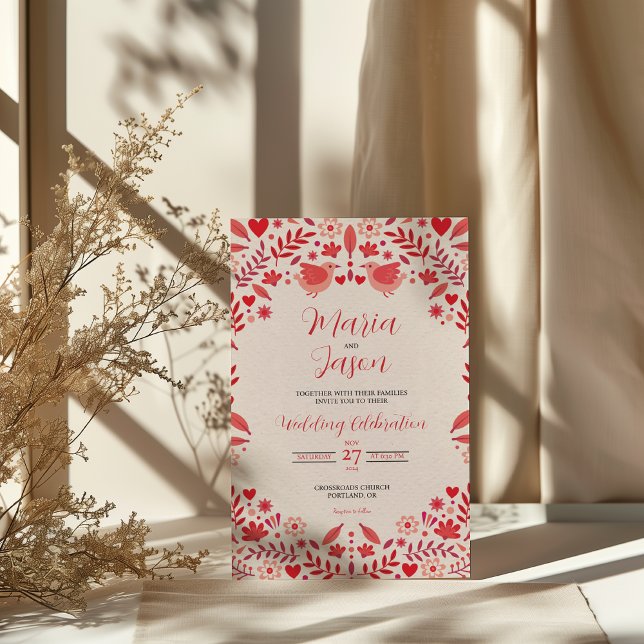 Invitación Mexican Pink Red Floral Elegant Aesthetic Wedding (Mexican Pink Red Floral Elegant Aesthetic Wedding Invitation)