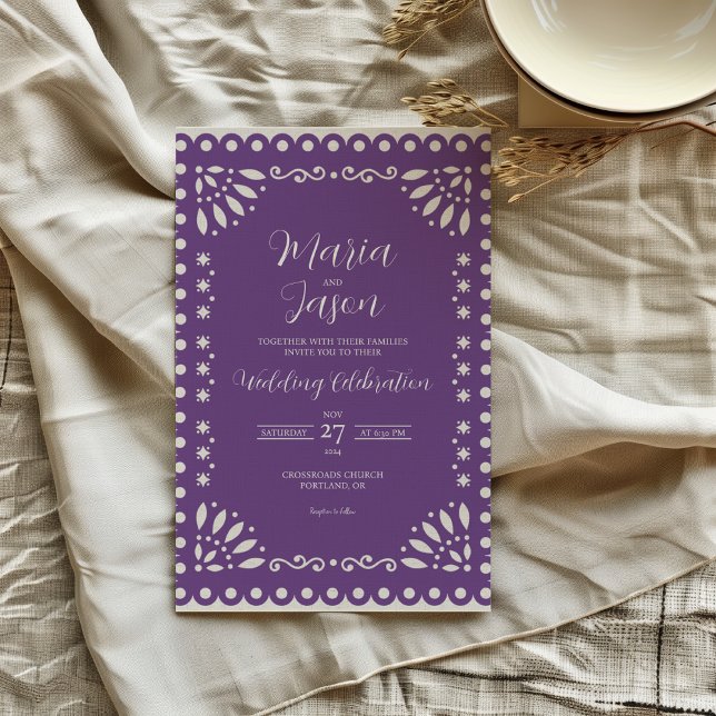 Invitación Mexican Purple Papel Picado Traditional Wedding (Mexican Purple Papel Picado Traditional Wedding Invitation)