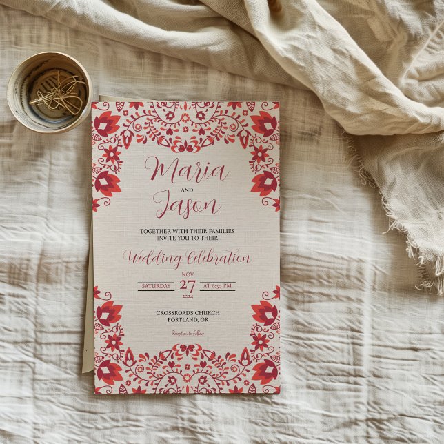 Invitación Mexican Red Floral Traditional Folk Art Wedding (Mexican Red Floral Traditional Folk Art Wedding Invitation)