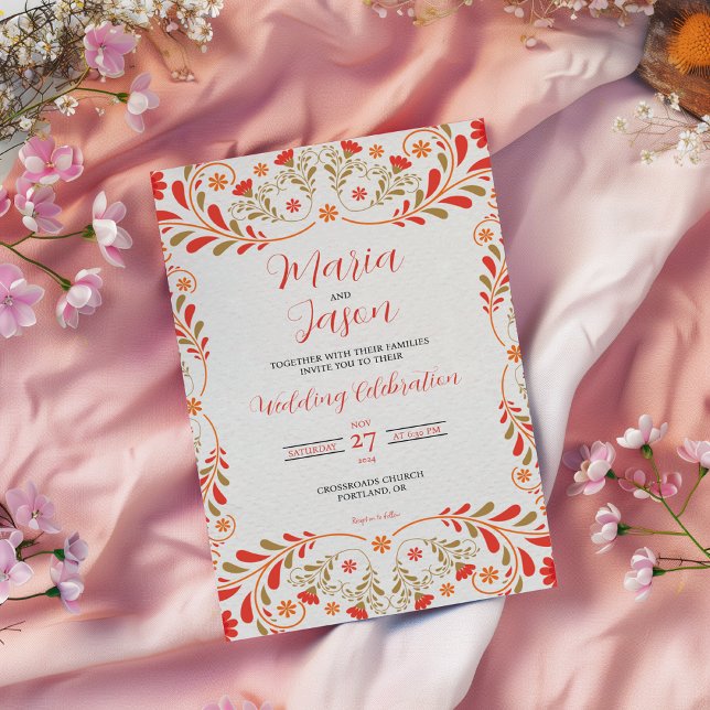 Invitación Mexican Red Orange Gold Floral Elegant Wedding (Mexican Red Orange Gold Floral Elegant Wedding Invitation)