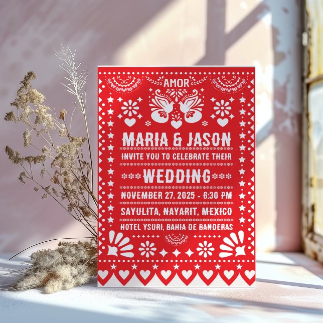 Invitación Mexican Red Papel Picado Fiesta Folk Art Wedding (Mexican Red Papel Picado Fiesta Folk Art Wedding Invitation)