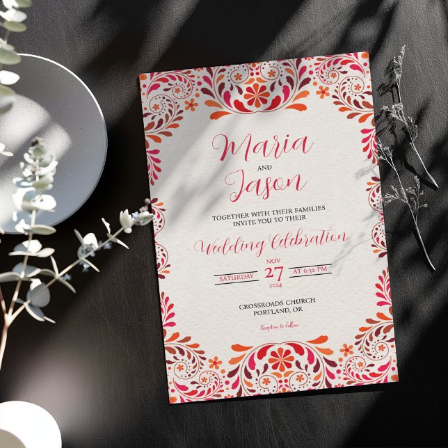 Invitación Mexican Red Pink Floral Botanical Romantic Wedding (Mexican Red Pink Floral Botanical Romantic Wedding Invitation)