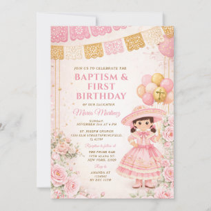 Invitación Mexican rosa oro niña bautizo y primer cumpleaños