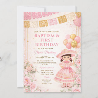 Invitación Mexican rosa oro niña bautizo y primer cumpleaños