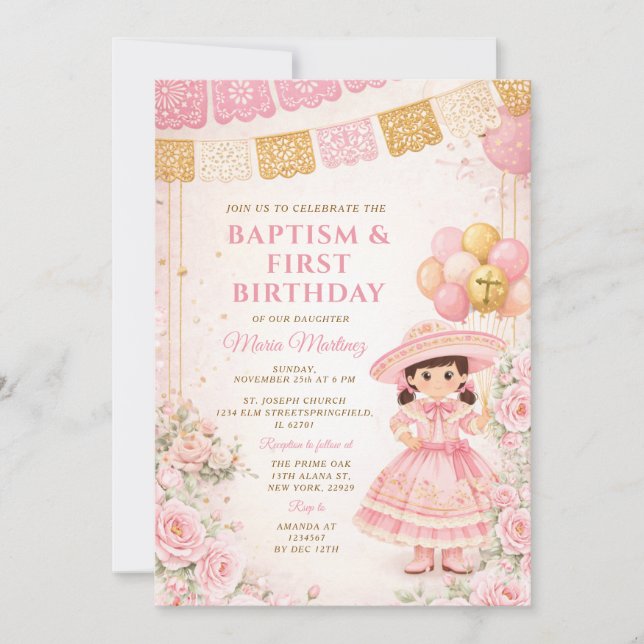 Invitación Mexican rosa oro niña bautizo y primer cumpleaños (Anverso)