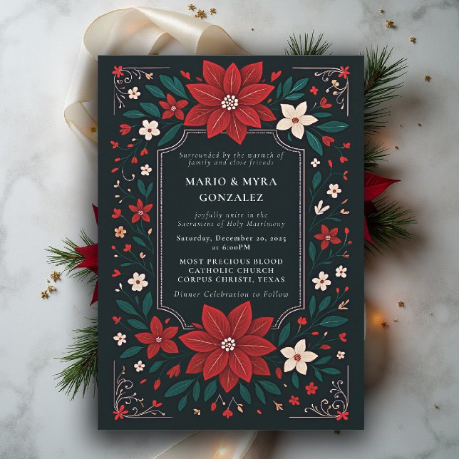 Invitación Mexican Rustic Elegant Floral Christmas Wedding (mexican wedding invitation christmas theme floral botanical frame poinsettias red white black)