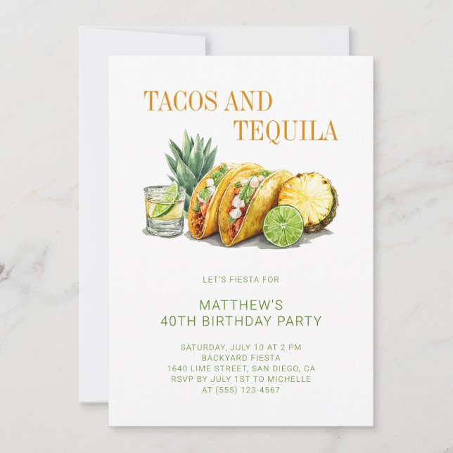 Invitación Mexican Tacos and Tequila 40th Birthday Party (Anverso)