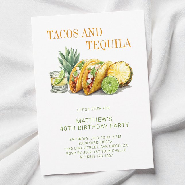 Invitación Mexican Tacos and Tequila 40th Birthday Party (Mexican Tacos and Tequila 40th Birthday Party Invitation)