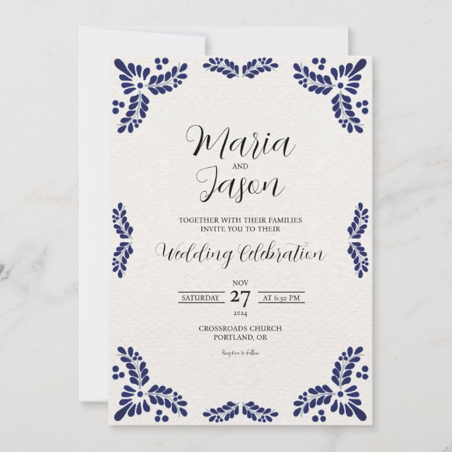 Invitación Mexican Talavera Black Floral Minimalist Wedding (Anverso)