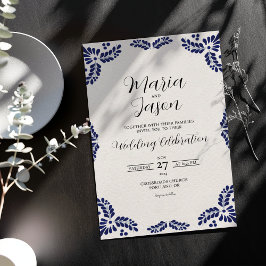 Invitación Mexican Talavera Black Floral Minimalist Wedding