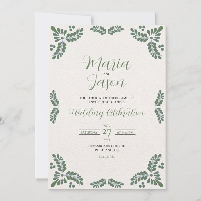 Invitación Mexican Talavera Green Floral Minimalist Wedding (Anverso)