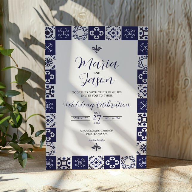 Invitación Mexican Talavera Majolica Navy Blue White Wedding (Mexican Talavera Majolica Navy Blue White Wedding Invitation)
