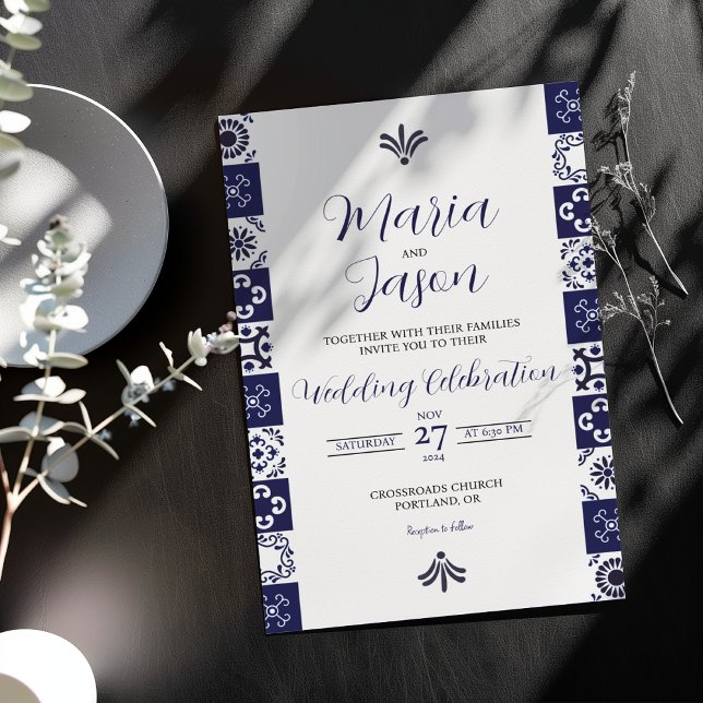 Invitación Mexican Talavera Majolica Navy Blue White Wedding (Mexican Talavera Majolica Navy Blue White Wedding Invitation)