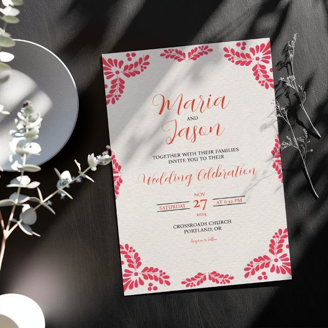 Invitación Mexican Talavera Orange Floral Minimalist Wedding (Mexican Talavera Orange Floral Minimalist Wedding Invitation)