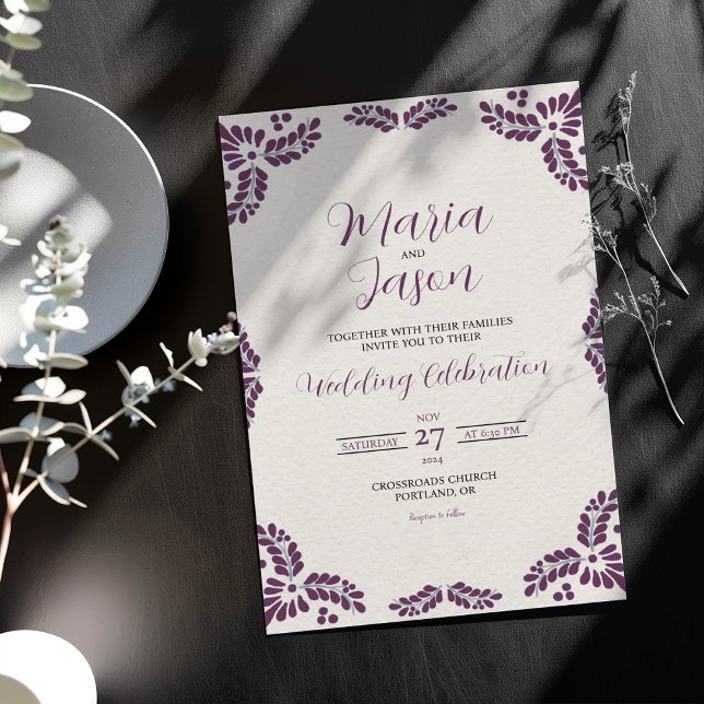 Invitación Mexican Talavera Purple Floral Minimalist Wedding (Mexican Talavera Purple Floral Minimalist Wedding Invitation)