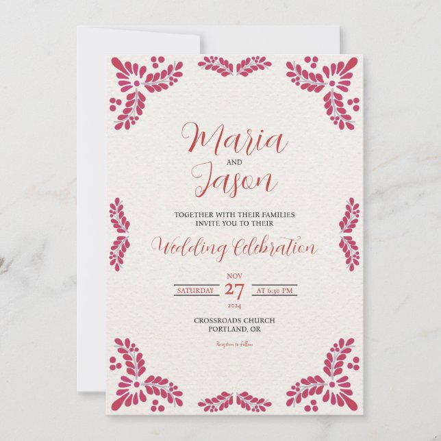 Invitación Mexican Talavera Red Floral Minimalist Wedding (Anverso)