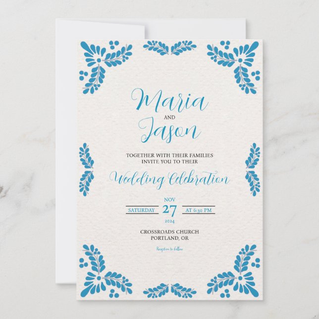Invitación Mexican Talavera Turquoise Minimalist Wedding (Anverso)
