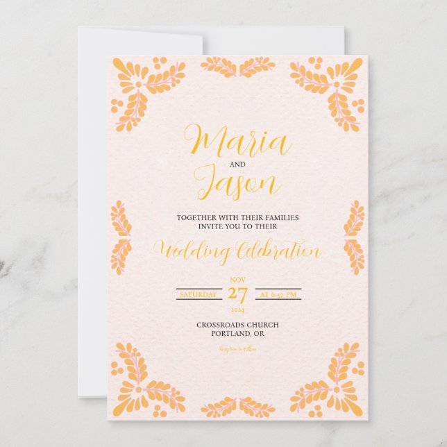 Invitación Mexican Talavera Yellow Floral Minimalist Wedding (Anverso)