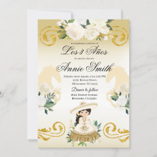Invitación Mexicana española de 3 años Gold Girl Charra