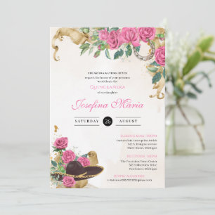 Invitación Mexicana Mariachi Charra Rosa Quinceanera