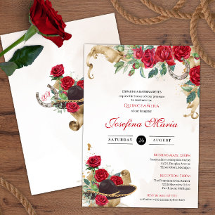 Invitación Mexicana Mariachi Charra Roses Roses Quinceanera