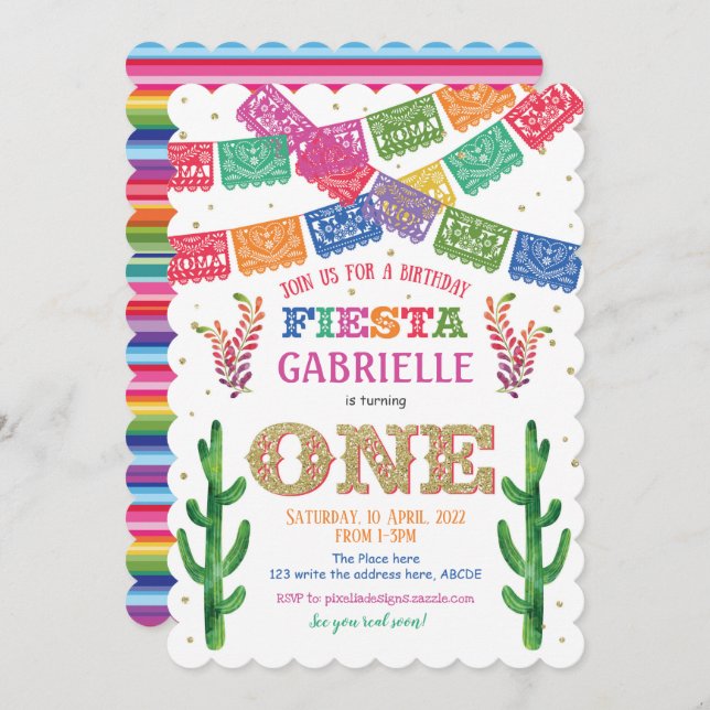 Invitación Mexicano, Fiesta Primer Cumpleaños, Chica Cumpleañ (Anverso / Reverso)