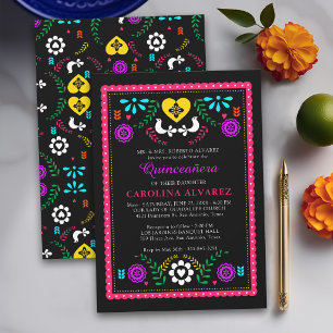 Invitación Mexicano Folk Papel Picado Fiesta Moderna Quinceañ
