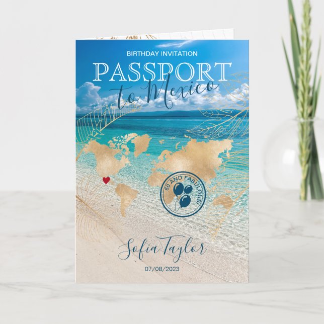 Invitación México 60 y fabuloso mapa de pasaporte de cumpleañ (Anverso)