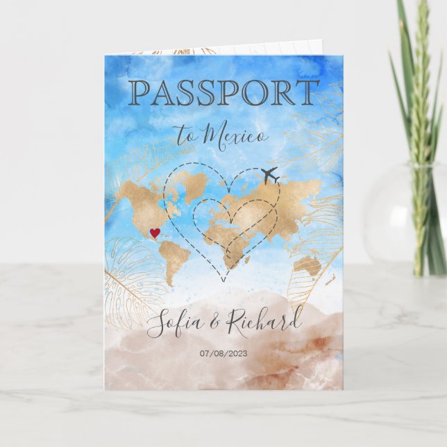 Invitación México Boda Pasaporte de Destino Corazón Mundial (Anverso)