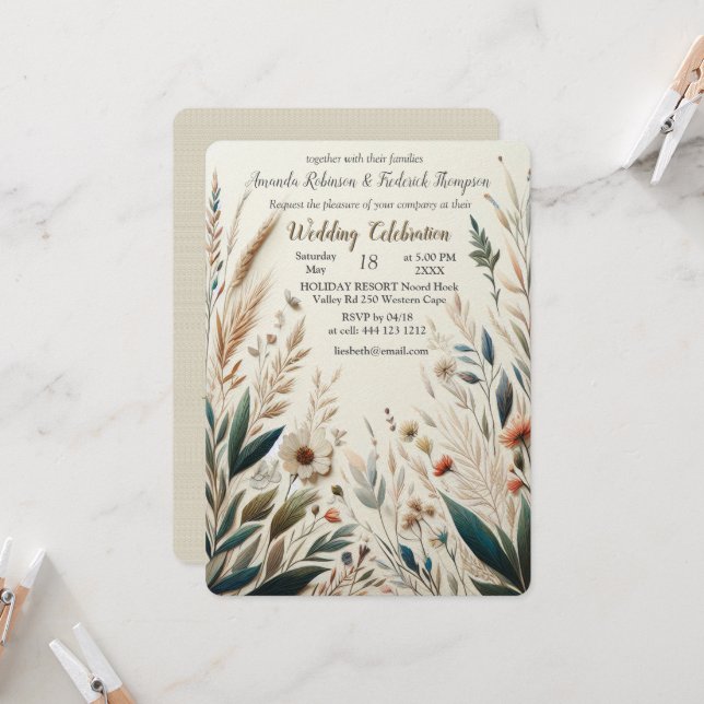 Invitación Mezcla bohemia de flores verde azuladas, magenta y (Anverso/Reverso In Situ)