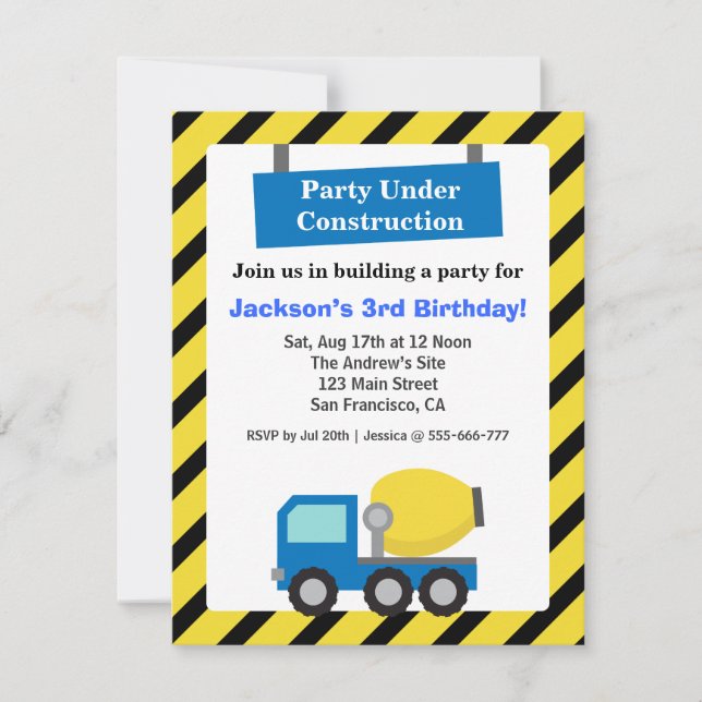 Invitación Mezclador Camión Niños del tema de construcción Fi (Anverso)