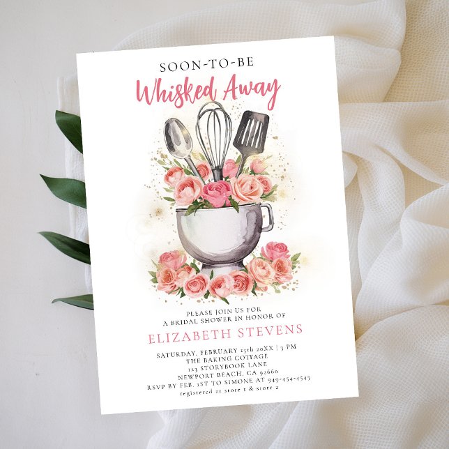 Invitación Mezclador de bolas sacudido Rosas ducha de novia (whisked away kitchen baking cooking bridal shower invitation tools bouquet roses watercolor pink)