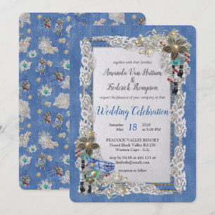 Invitación Mezclilla con encaje de flores de crema y joyería 