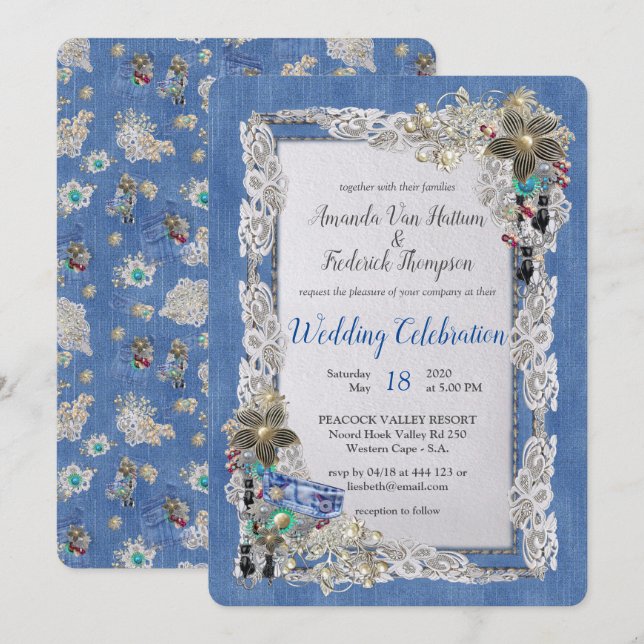 Invitación Mezclilla con encaje de flores de crema y joyería  (Anverso / Reverso)