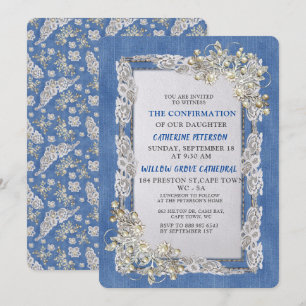 Invitación Mezclilla con encaje de flores de crema y perlas