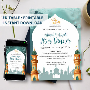 Invitación Mezquita acuarela Mint Verde Azul y Dorado Ramadan