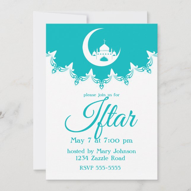 Invitación Mezquita Blanca en la luna creciente Ramadán Iftar (Anverso)
