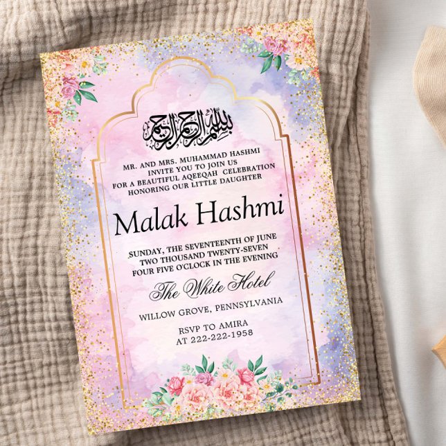 Invitación Mezquita de lujo Floral Baby Islámico Aqiqa Aqeeqa (Subido por el creador)