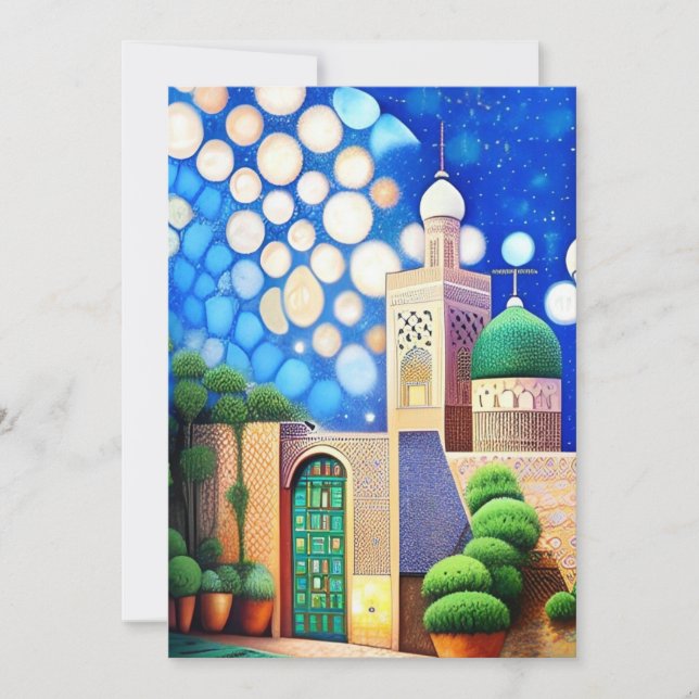 Invitación Mezquita de mosaico marroquí azul azure Eid Mubara (Anverso)