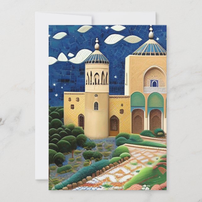 Invitación Mezquita de mosaico marroquí verde azul Eid Mubara (Anverso)